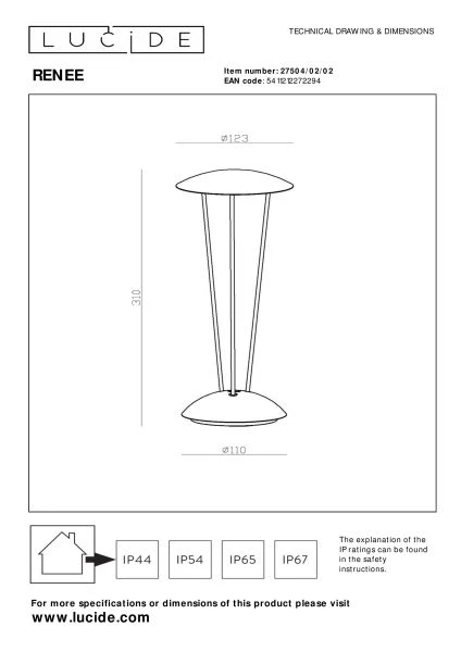 Lucide RENEE - Lampe de table Rechargeable Intérieur/Extérieur - Batterie/Piles - Ø 12,3 cm - LED Dim to warm - 1x2,2W 2700K/3000K - IP54 - Avec station de charge sans fil - Or Mat / Laiton - technique